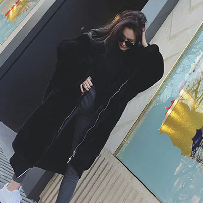 black Зимнее женское пальто высокого качества из искусственного меха кролика с капюшоном, длинное пальто с мехом, Свободное пальто, плотное теплое, большие размеры, женские плюшевые пальто 256 - Цвет: black