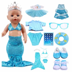 Doll Clothes Aqua Blue Series Disned Elsa Dress Shoes Mermaid Swimsuit For 18Inch American Doll Girl&43Cm Baby New Born Kids Toy