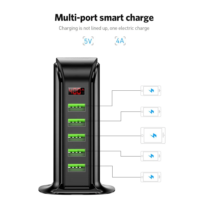 ANSEIP-cargador USB Vertical de 5 puertos, adaptador de enchufe de carga rápida 4A con pantalla LED, para iPhone, MacBook, Xiaomi y Huawei - Imagen 2