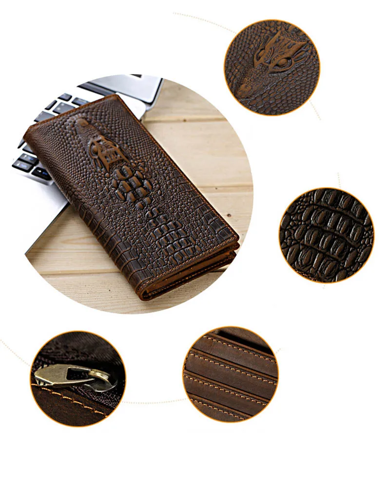 Brown Alligator Leather Vertical Bifold Wallet Large Capacity | DUN33