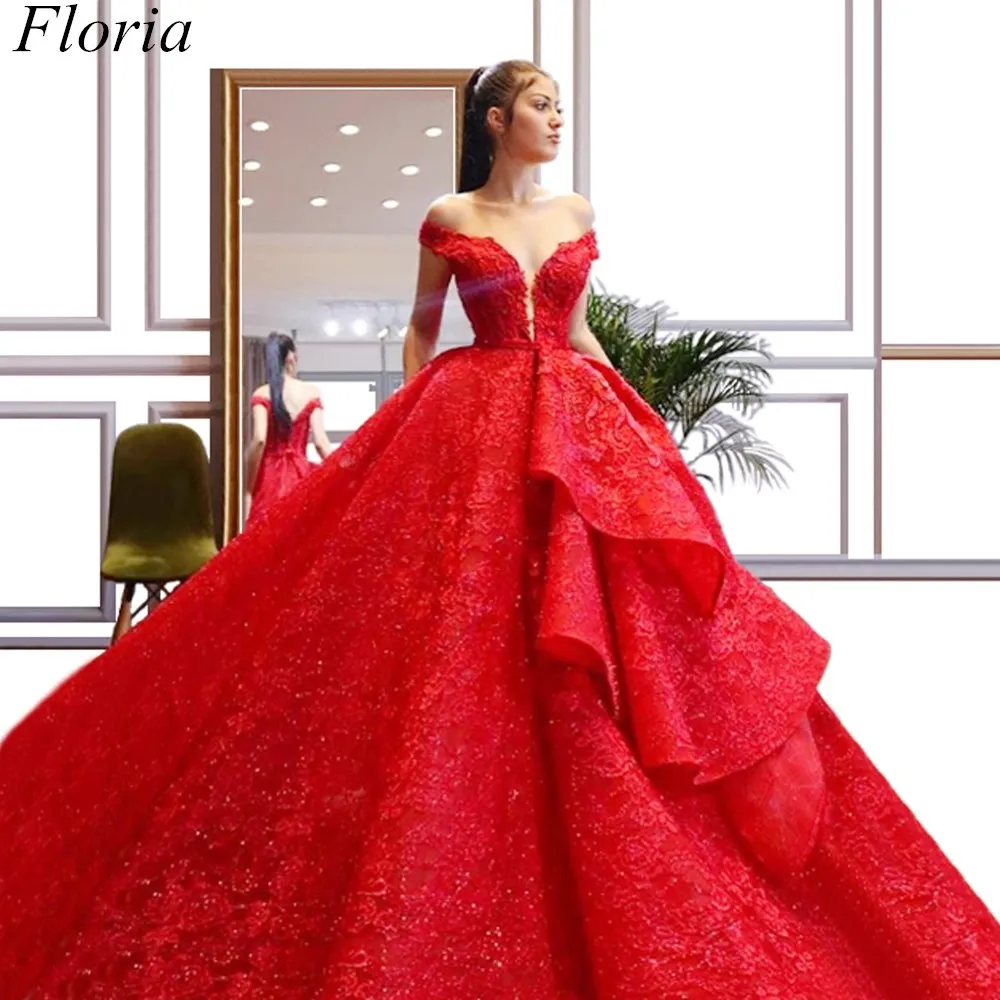 

New Gorgeous Red Evening Dresses 2019 A-Line Lace Kaftan Prom Dress Long Glitter Celebrity Red Carpet Gowns vestidos de fiesta