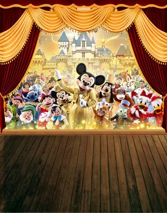 

5x7FT Photography Studio Backdrop Background Custom Curtain Stage Mickey Minnie Mouse Castle Wooden Floor Vinyl 150cm x 220cm
