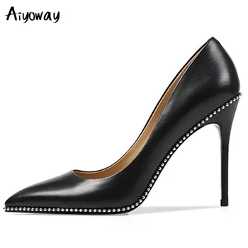

Aiyoway New Fashion PU Leather Lady Dress Shoes Chains Decoration High Heels Women Pointed Toe Shallow Pumps Plus Size