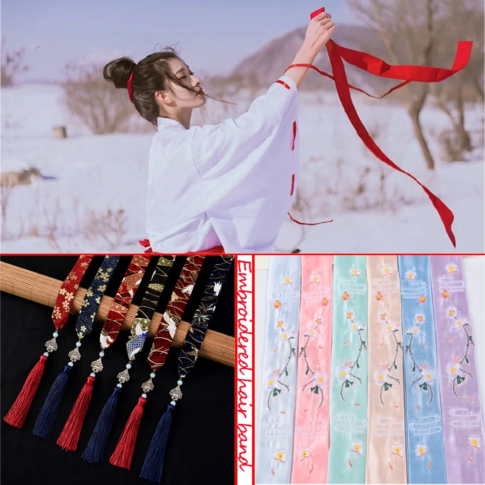 Вышитая Hanfu вишневая повязка для волос с кисточками аксессуары головной убор античный COS китайский стиль длинный галстук для волос