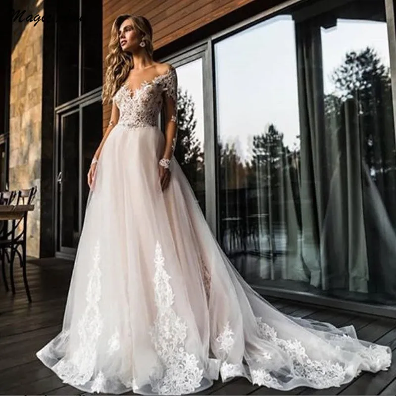 

Magic Awn Bohemian Lace Tulle Wedding Dresses Long Sleeves Illusion Appliques Princess Beach Country Wedding Paryu Gowns Vestido