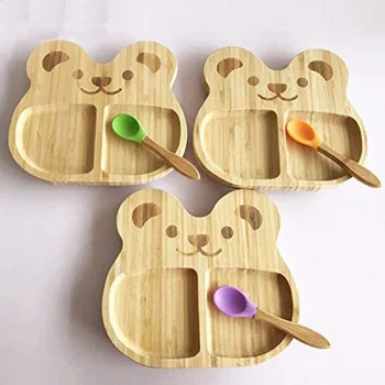 

Baby Toddler Bamboo Sheep Plate Silicone Suction Feeding Bowl Suction Spoon Set Bear shape cutlery tray Children's Dishes Goods