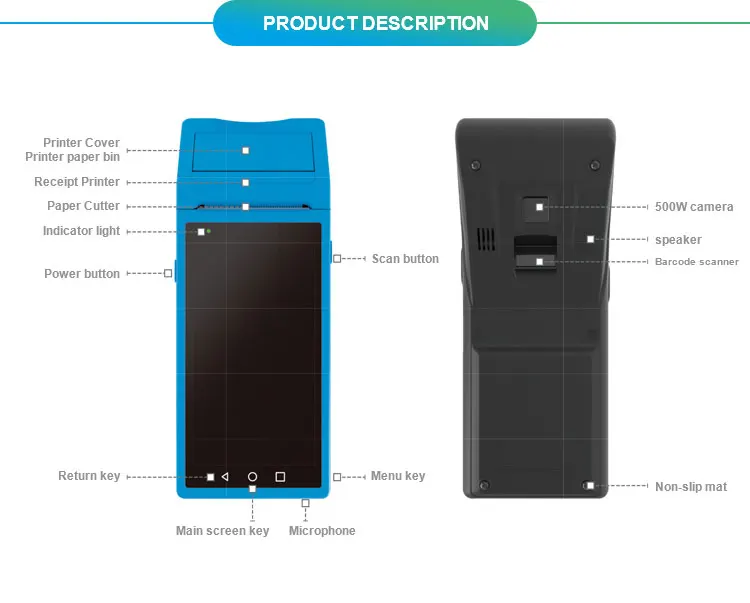 V1 pos-терминал КПК с беспроводной Bluetooth и Wifi Android система с термопринтером Встроенный и сканирование штрих-кода камерой