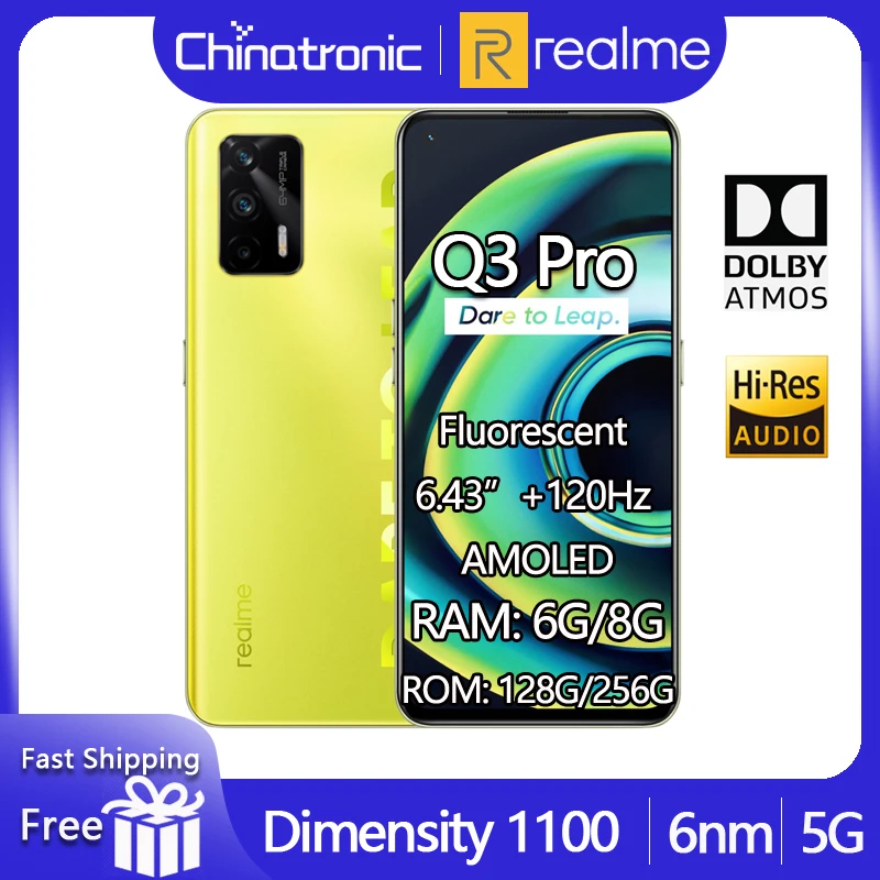Оригинальный realme Q3 Pro 5G мобильный телефон 128 ГБ 6,43 "AMOLED 120 Гц частота обновления Dimensity 1100 Octa Core 30 Вт Быстрая зарядка 64MP OTA