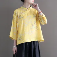 Women Loose Ramie Printed Shirt Tops Ladies Print Ramie Blouse Female 2020 Summer Ramie Stand Collar Shirts 1