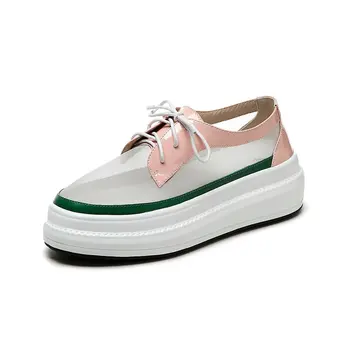 

New Spring Summer Genuine Leather Shoes Woman Platforms Pink White Mesh Round Toe Casual Shoes Woman Loafters
