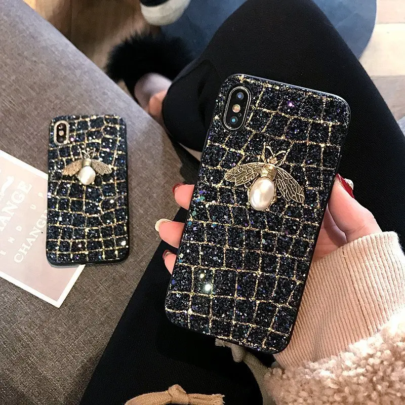 

IMIDO Flash powder small bee case for iPhone x xrxs Max luxury case for iPhone 7 8plus 6 6splus flash lattice case