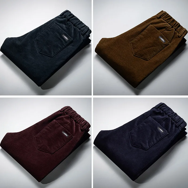 Осень зима мужские вельветовые брюки черный Slim Fit мужские модные брюки толстые повседневные эластичные брюки мужские Pantalon Homme