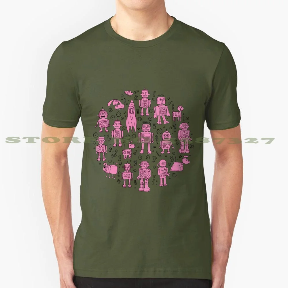 Robot Pattern - Pink And White - Fun Pattern Di Cecca Designs Fashion Vintage Tshirt T Shirt Robot Cogs Macchine Gatti Cani
