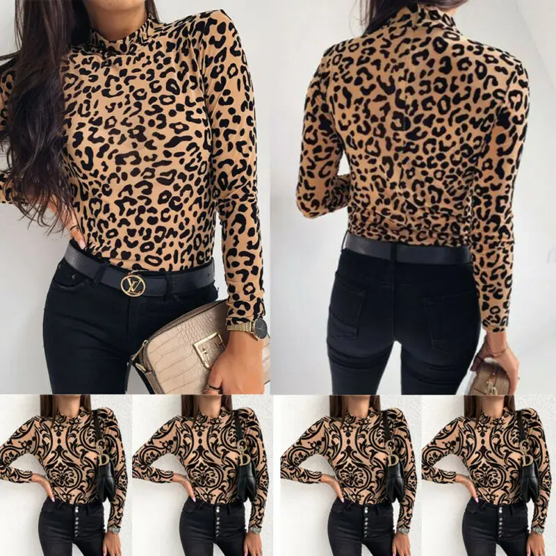 Новинка, модная Женская водолазка с леопардовым принтом, топы, весна-осень, длинный рукав, облегающая Базовая женская футболка, вечерние топы
