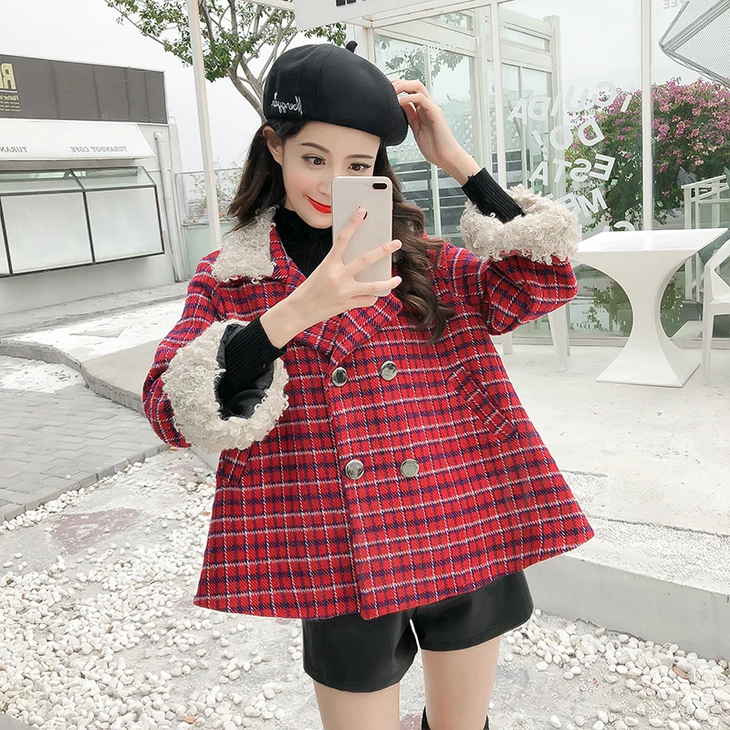 

MUMUZI New winter faux lamb hair short plaid coat woolen patchwork winter warm coat female cloak short design jackets thermal