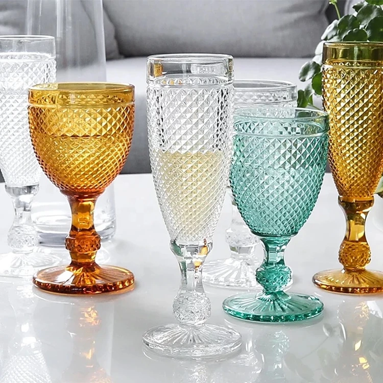 Retro Wine Glasses Cups Amber Relief Diamond Drinking Fruit Juice 
