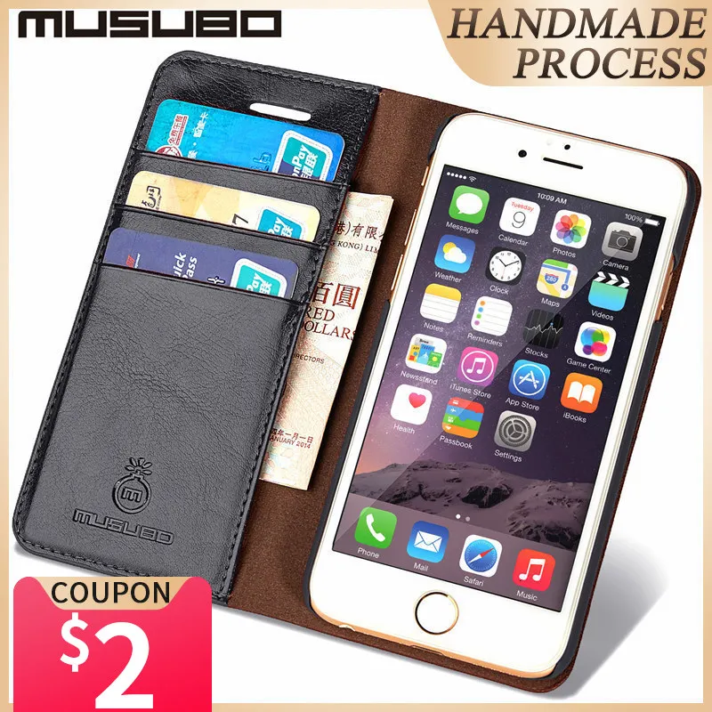 

MUSUBO Genuine Leather Luxury Phone Case for 6S iPhone 5 5S SE 8 Plus Xs XR Wallet Cover Cases iphone 7 Plus Card Slot Flip Capa