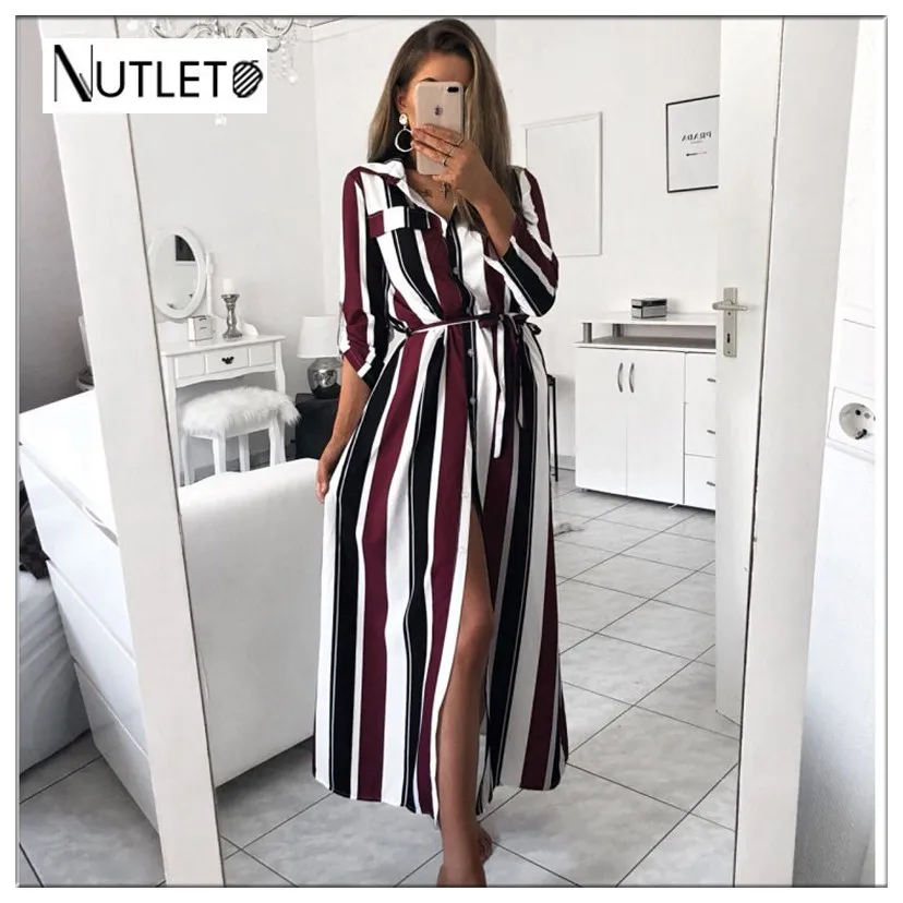 

New pattern 2019 Office Lady Turn-Down Collar Button Lace Up Long Shirt Dress Women Autumn Spring Long Sleeve Stripe Maxi Dresse