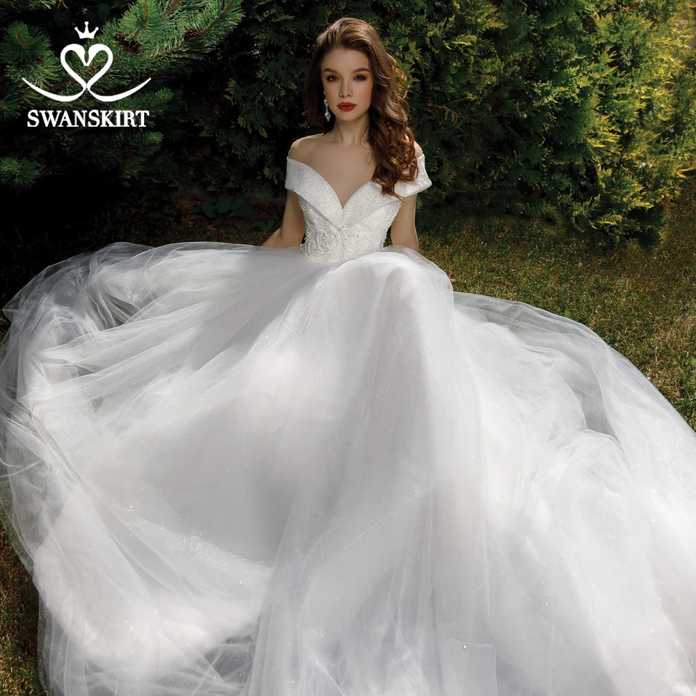 

Charming Appliques Wedding Dress Swanskirt M132 Off Shoulder Beaded Ball Gown Lace up Princess Bridal Gown Vestido de novia