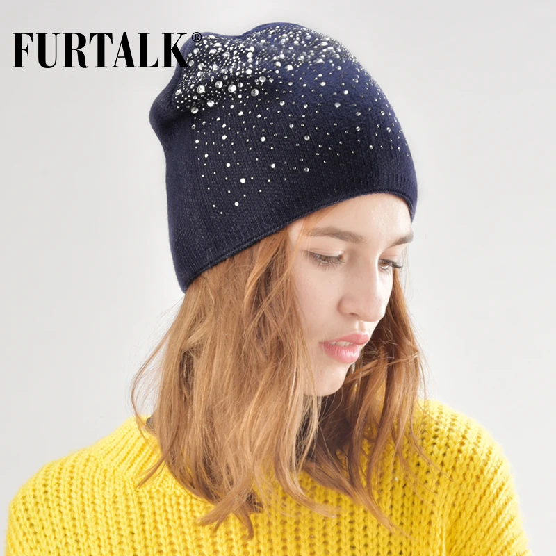 FURTALK шерстяная Круглая Шапочка, шапка для женщин, шапки осень/зима со стразами, вязаные женские шапки Skullies, шапка для дам, Осенняя шапка