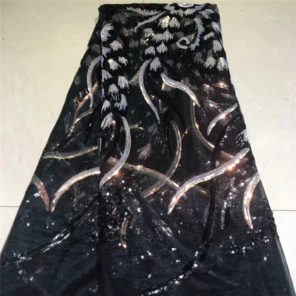 

Lots of sequins black African french lace circuitous embroidery Swiss tulle lace fabric High quality 5 yards