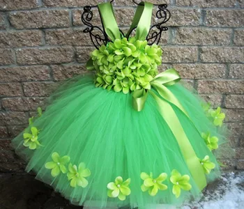 

Cute Girls Green Flower Petals Tutu Dress Kids Tulle Wedding Party Dress with Ribbon Bow Children Birthday Bridal Costume Dress
