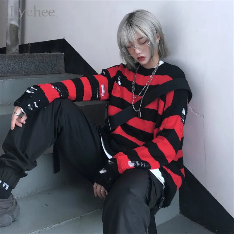 Lychee Girls черно красная Популярнейшая цветная полоска женский свитер с дырками