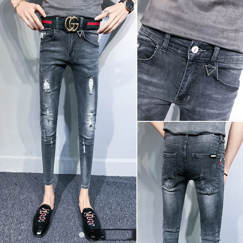 NEW spring autumn skinny strech Casual ripped hole fashion black teenagers hip hop cowboy denim leg jeans men pencil pants