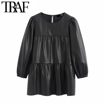 

TRAF Women Vintage Stylish Ruffled PU Faux Leather Blouses Fashion O Neck Three Quarter Sleeve Female Shirts Blusas Chic Tops
