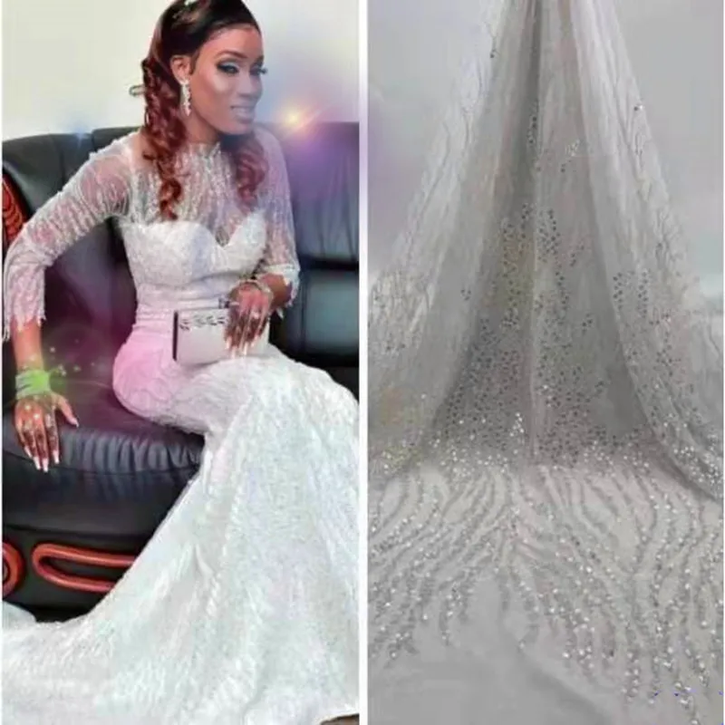 

High quality design With sequin beads embroidery French mesh lace fabric/African yarn lace Sewing Evening dresses /Wedding dress