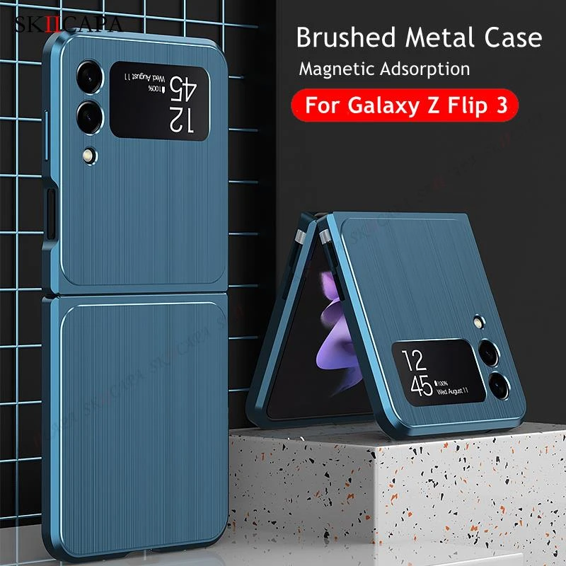 samsung flip3 case Magnetic Brushed Metal Phone Case For Samsung Z Flip 3 5G Aluminum Alloy Frame Buckle Hard Cover For Galaxy Z Flip3 5G SM-F711B samsung z flip3 case