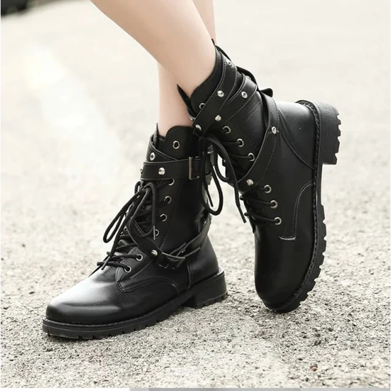 

2019 ankle Women Boot spring autumn fashion simple slip-on Lace-up leather platform bota feminina boots