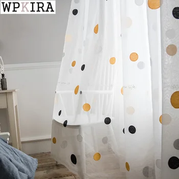 

Nordic Yellow and Black Circle Sheer Curtain for Living Room Embroidery Voile Curtain for Bedroom Window Tulle Drape S428#40
