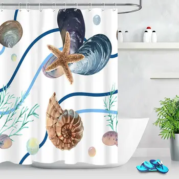 

Watercolor Starfish Shell Water Grass Waterproof Shower Curtai