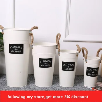 

Iron Flower Tub Hemp Rope Handles Garden Vintage Vase Pot Plants Bucket Planter Decor Artificial Flower flower Pot