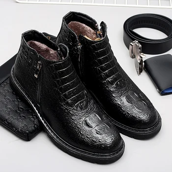 

2020 Men Winter Fur Lined Snow Boots Waterproof Platform Black Warm Leather Shoes Male Man High Ankle Boots Side Zip Men Coturno