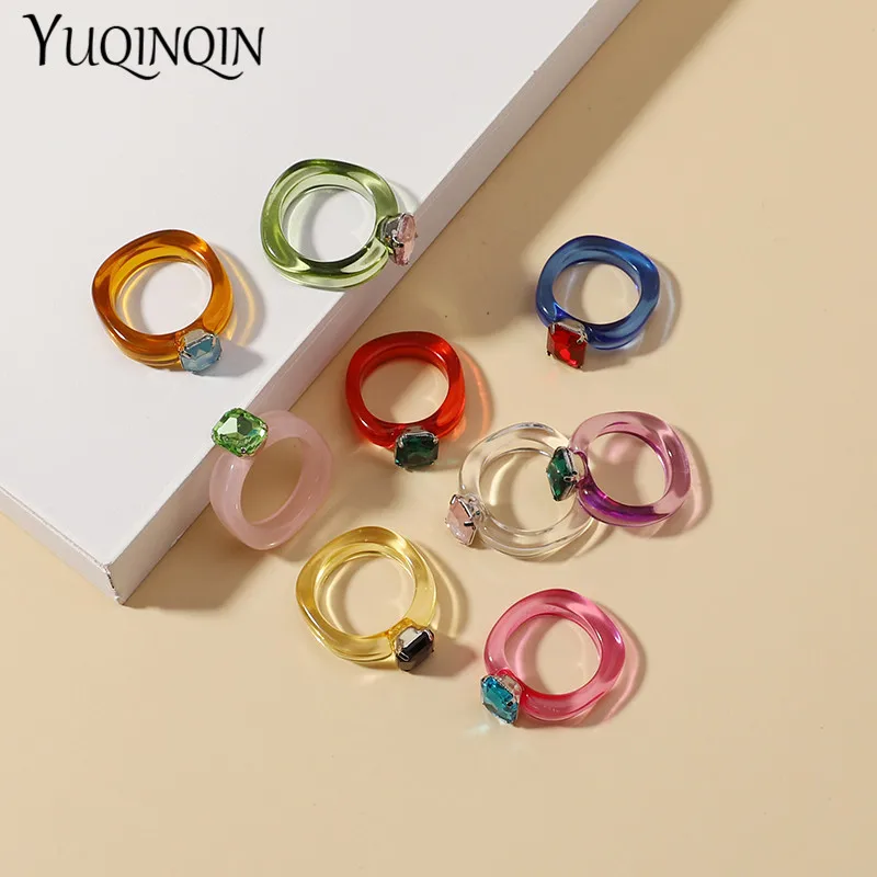 Finger Ring Fashion Acrylic Colorful Rectangle Rhinestone Rings Women Big Transparent Finger Ring Girls Vintage Female Jewelry