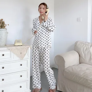 

Women's Sleepwear Simple Polka Dot Cardigan Long-sleeved Trousers Pajamas Women Autumn Winter New Ladies Home Clothing Sets
