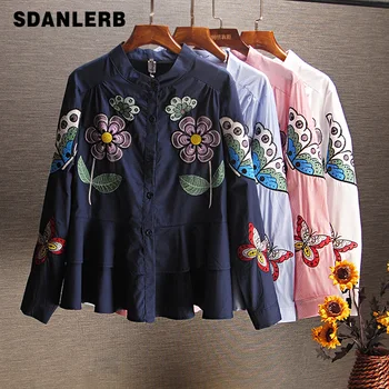 

European Style Blouse Women Spring and Autumn Embroidered Ruffle Doll Shirt Long Sleeve Slim-Fit Shirt Women's Blouse Blusa Tops