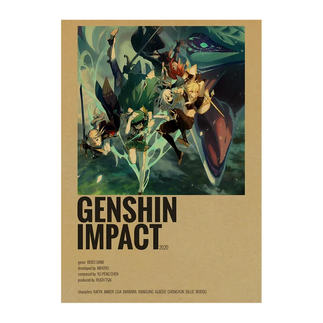 Genshin Impact Anime Posters Kraft Paper Prints Home Room Decor Study Bedroom Bar Cafe Wall Paintings Cartoon Wall Stickers Kraft Paper
