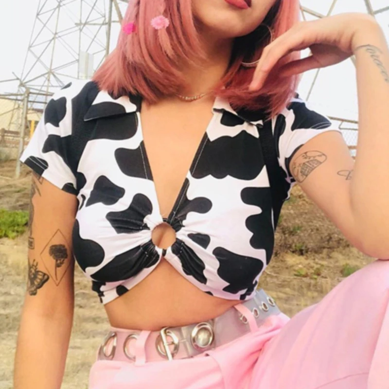 

GAOKE Animal Print Kawaii Cropped Feminino Tshirt Women Korean Style V-Neck Cow T-Shirts Short Sleeve Hollow Sexy Summer Tops