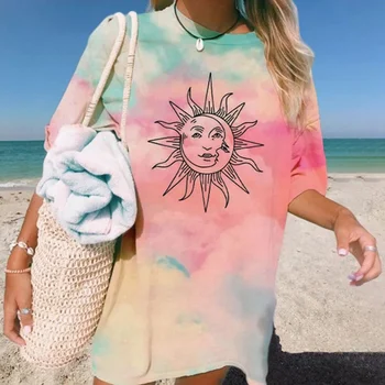 

Tie-dye Sun Print Female T-shirt Boho O Neck Pullover Women's Oversize Tops Summer Vestido Camiseta De Tie Dye футболка женская