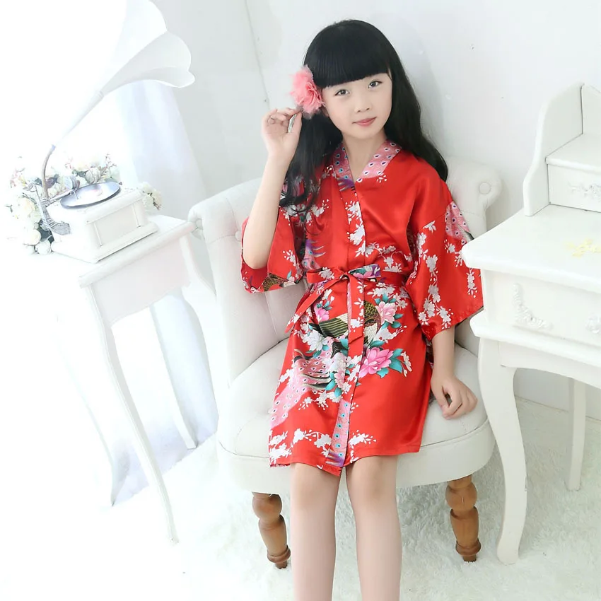 Пижамы на шнурках для девочек-подростков, платье для сна, атласное шелковое японское кимоно юката банный халат, Детская ночная рубашка