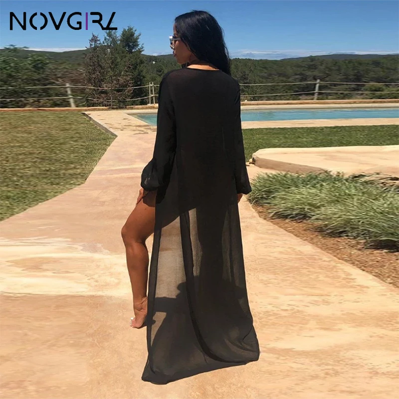 Novgirl/Модный комплект бикини из 3 предметов для женщин, летний прозрачный купальник на бретелях и длинная шифоновая накидка, пляжный неоновый костюм
