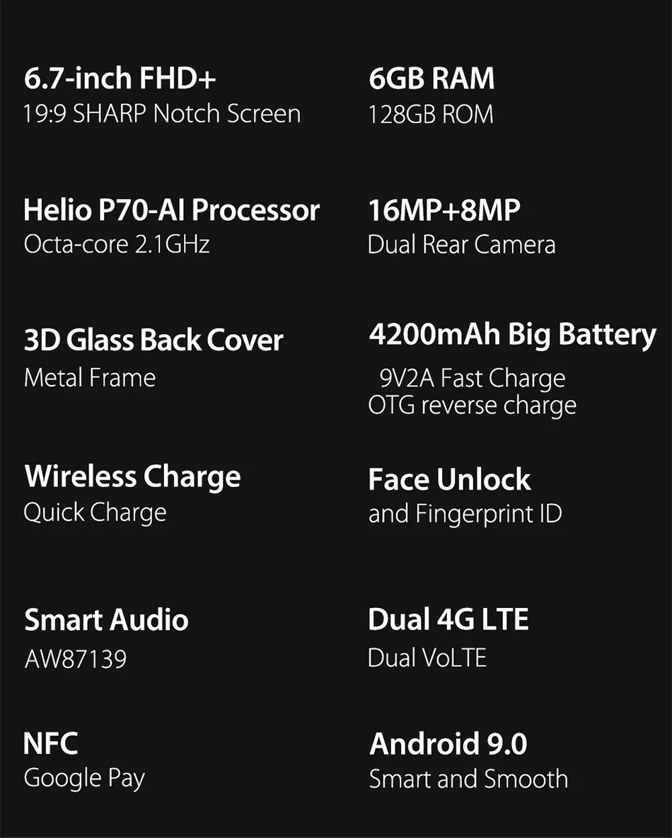 Ulefone T2 6,7 ''FHD+ Helio P70 6 ГБ 128 ГБ смартфон двойной 4G отпечаток пальца Лицо ID NFC Android 9,0 мобильный телефон 4200 мАч