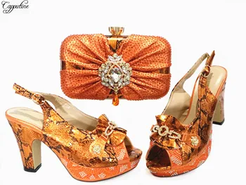 

Pretty Orange Party Set High Heel Sandal Shoes With Purse Handbag Set With Stones For Lady GG121, Heel Height 10cm