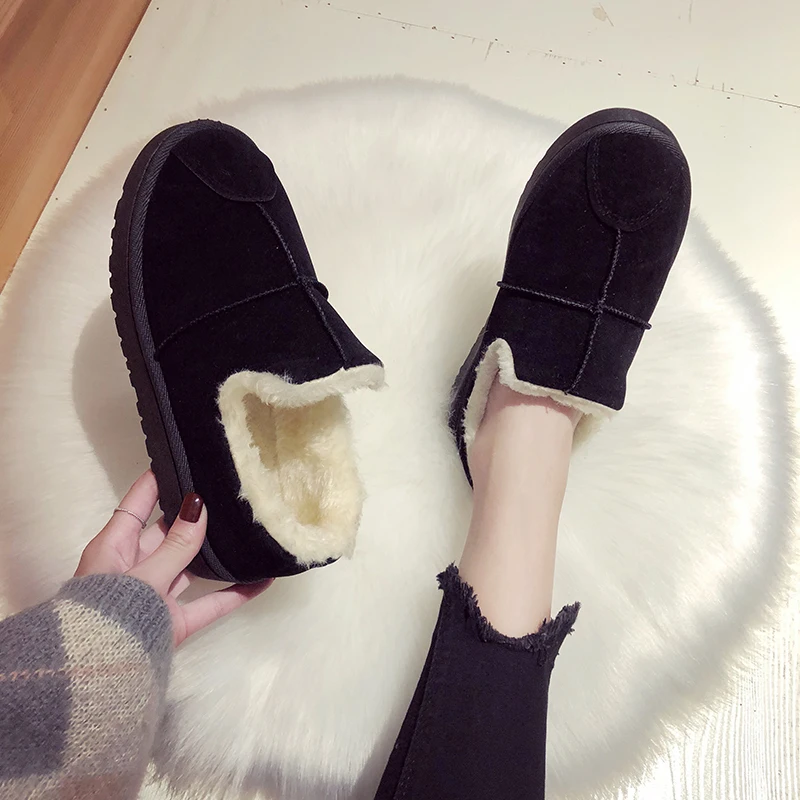 Зимние сапоги; женская обувь; Зимние ботильоны на плоской подошве; женская обувь без шнуровки с мехом; нескользящая обувь размера плюс; теплые плюшевые стильные хлопковые сапоги - Цвет: Черный