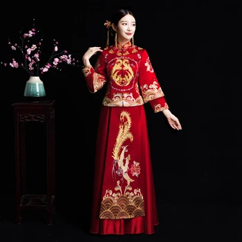 

Chinese Bride Phoenix Qipao Evening Gown Exquisite Embroidery Wedding Set Vintage Floral Marriage Clothing Noble Party Dress