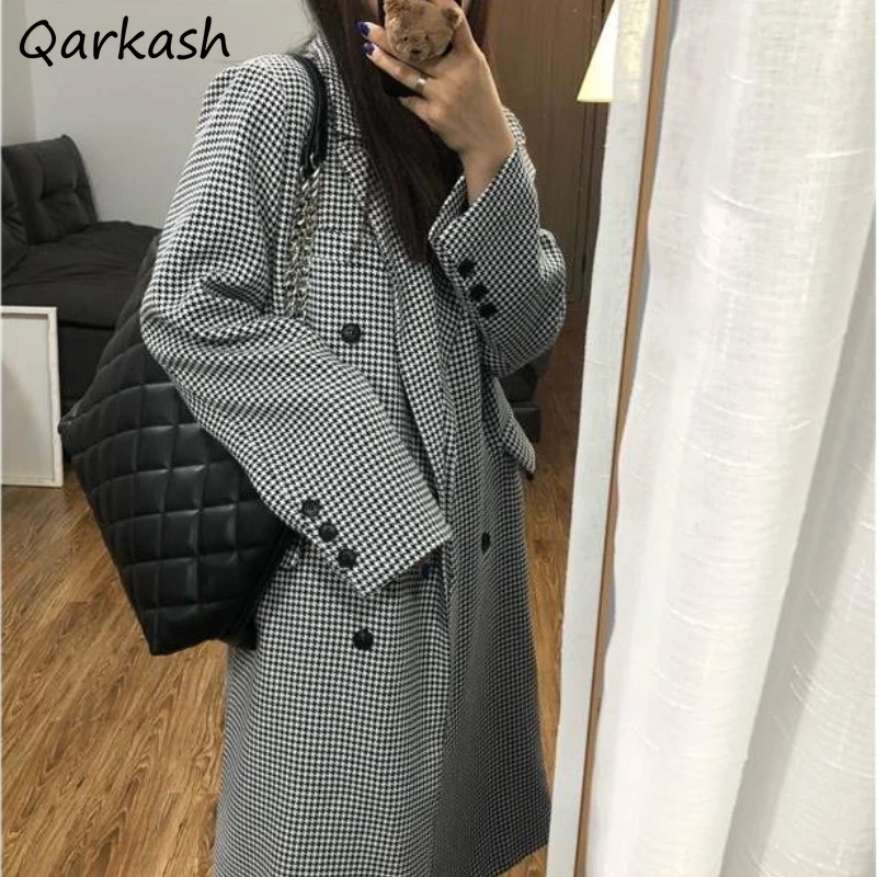 

Wool Blends Women Houndstooth Vintage Double Breasted Elegant Autumn Outwear Coats Feminino Classic Simple Long Style Cozy New
