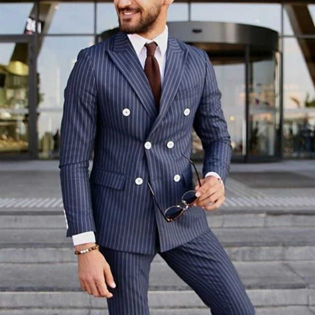 Navy Blue Double Breasted Suit Wedding  Double Breasted Suit Men Blue  Stripe - Navy - Aliexpress